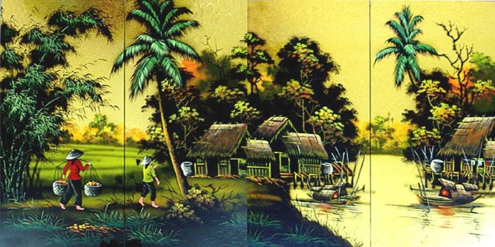 tranh dán tường làng quê cây dừa bến nước