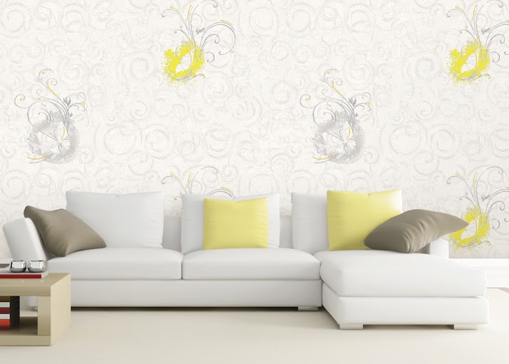 giấy dán tường nền trắng họa tiết màu vàng và xám