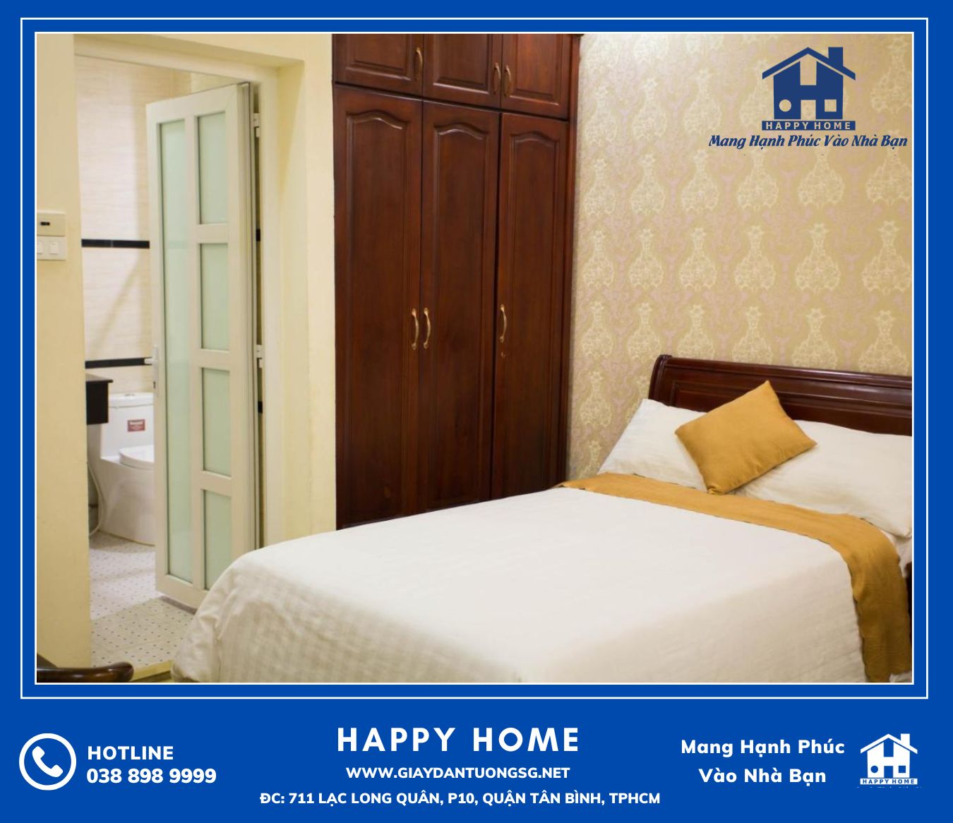 Không gian phòng ngủ khách sạn Melinda Hotel được trang trí bởi giấy dán tường Happy Home