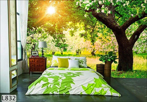 Phòng ngủ với bức tranh ánh bình minh tạo cảm giác tràn đầy năng lượng khi thức dậy