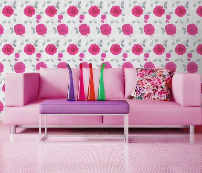 Giấy dán tường màu hồng trang trí không gian phòng khách thêm cá tính hơn